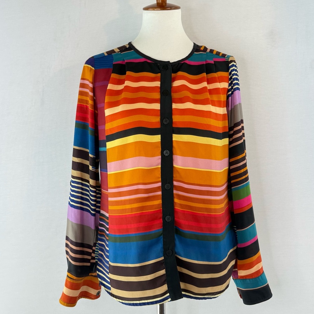 Trina Turk Colorful Striped Button-Front Long Sleeve Blouse